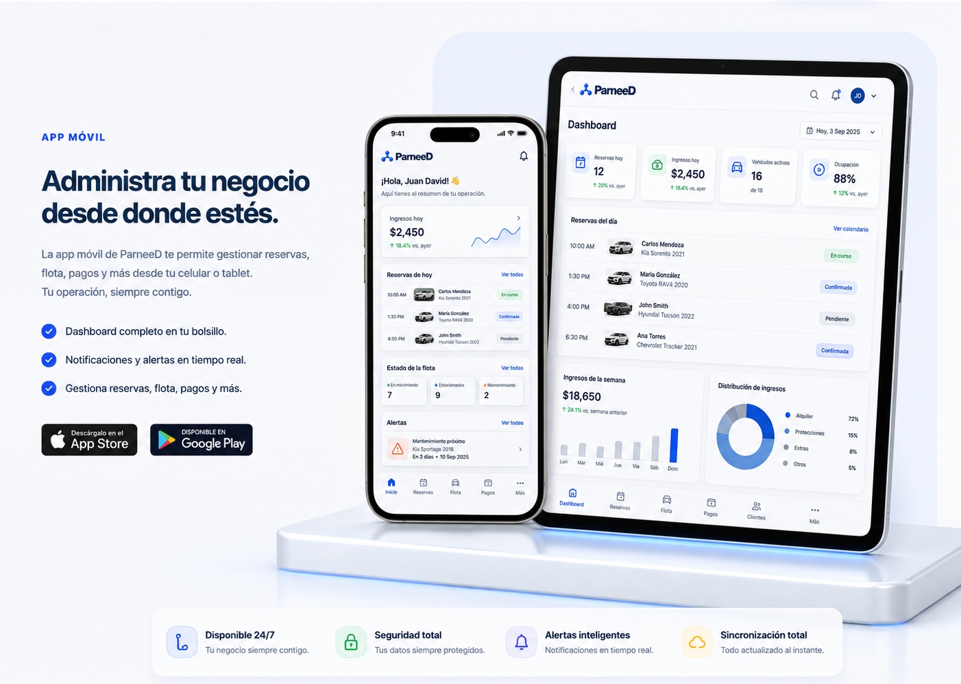 App móvil ParneeD en teléfono y tablet con dashboard, reservas, flota, pagos, alertas y métricas del negocio