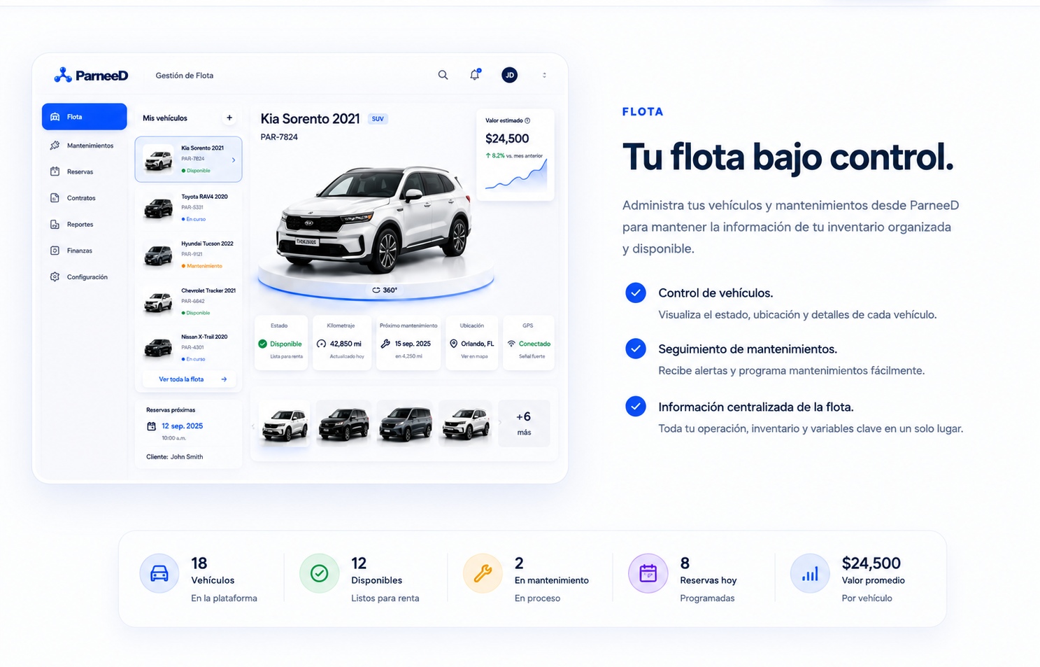 ParneeD Gestión de Flota: vehículos, disponibilidad, mantenimiento, reservas, ubicación, GPS y valor estimado